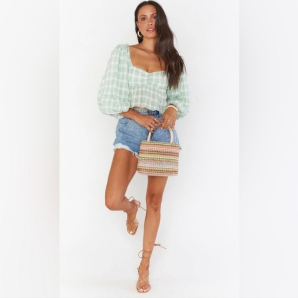 Show Me Your MuMu Tops - New Show Me Your MuMu Sage Green Gingham Ruffle Crop Smocked Top Small